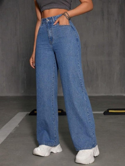 Highwaist Straight Fit Wide Leg Denim In Stone Blue