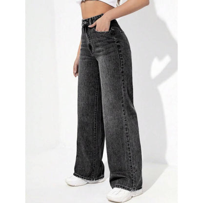 Highwaist Whisker Wide Leg Denim In Charcoal Grey