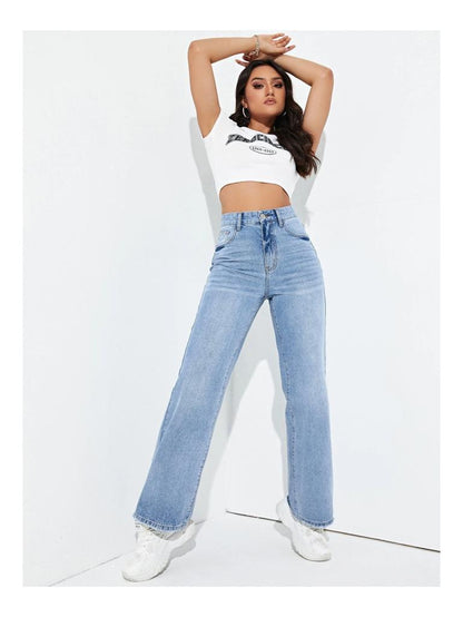 Highwaist Whisker Straight Fit Wide Leg Denim In Light Blue