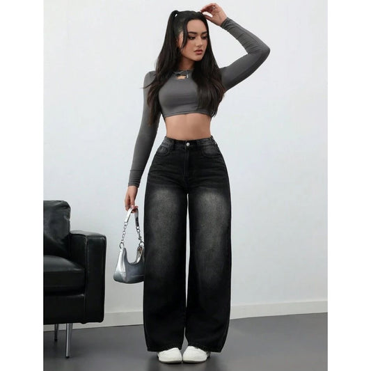 Highwaist Stretchable Whisker Wash Baggy Fit Denim