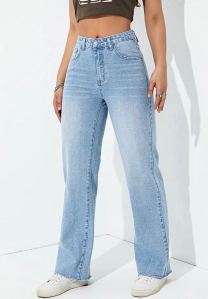 Highwaist Cat Whiskers Raw Hem Wide Leg Denim In Light Blue