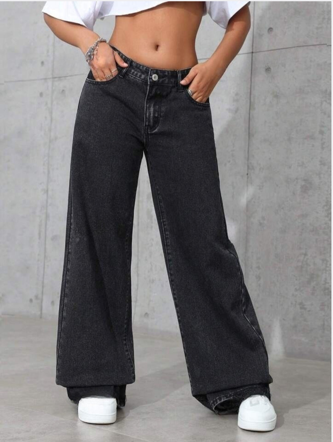 Zara Basics 1975 Long Hem Wide Leg Denim - Carbon Black