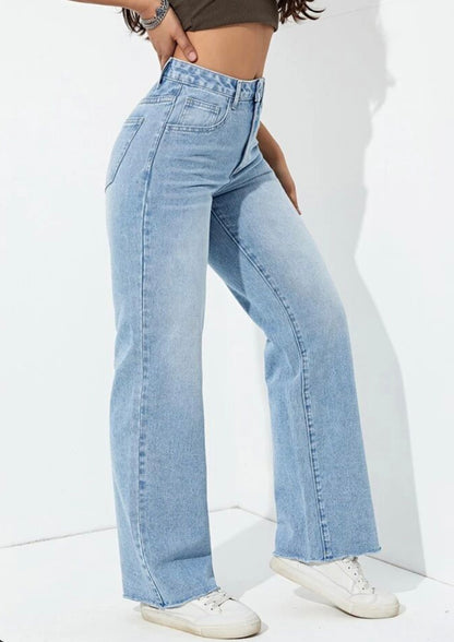 Highwaist Cat Whiskers Raw Hem Wide Leg Denim In Light Blue