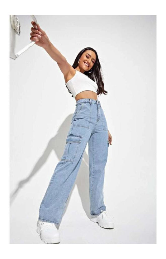 Highwaist Flap Pockets Cargo Style Denim In Light Blue