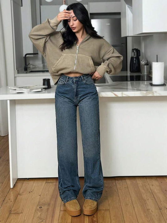 Highwaist Ball Blast Straight Fit Wide Leg Denim Dusty Blue