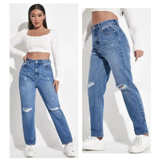 Highwaist Whiskers Distressed Mom Fit Denim In Mid Blue