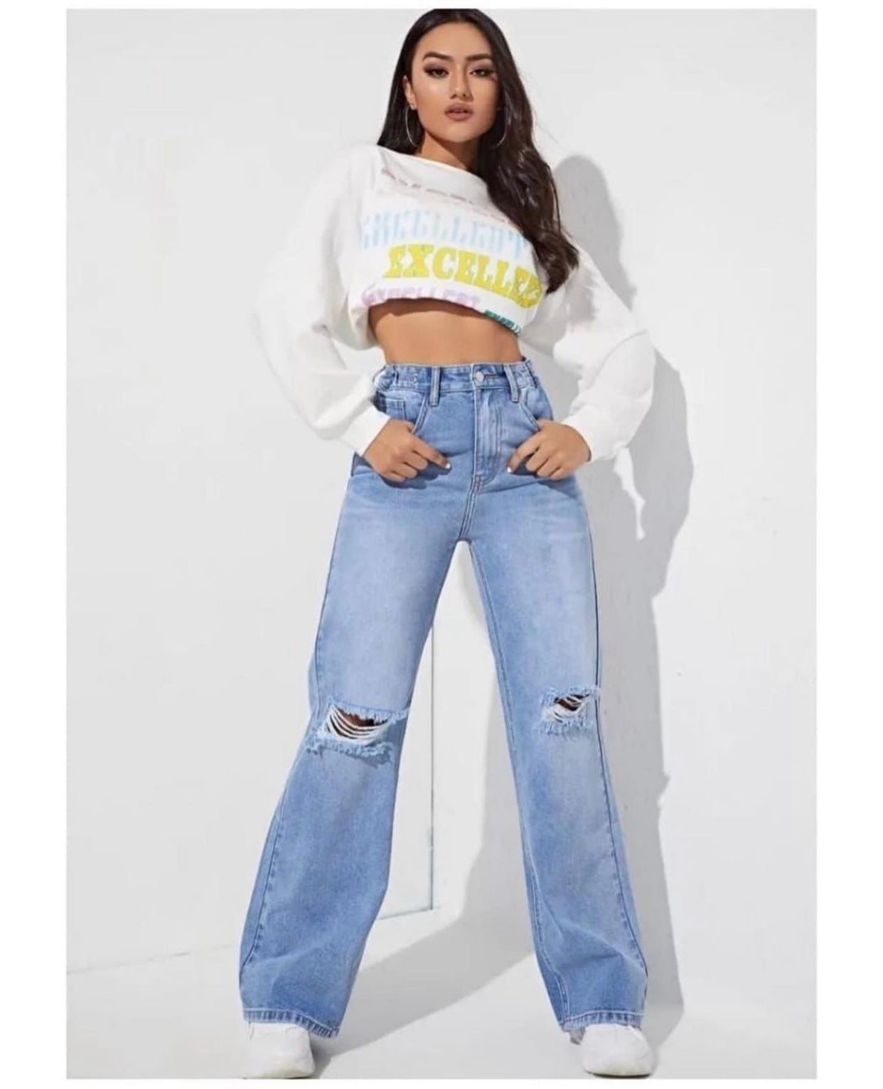Highwaist Whiskers Distressed Straight Fit Wide Leg Denim In Light Blue