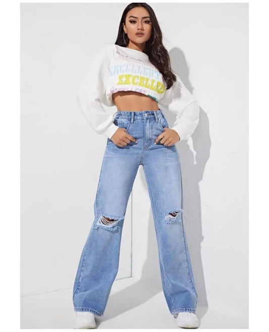 Highwaist Whiskers Distressed Straight Fit Wide Leg Denim In Light Blue