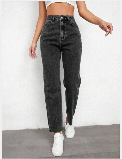 Highwaist Raw Hem Mom Fit Denim In Charcoal Grey