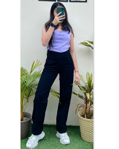 Highwaist Straight Fit Wide Leg Denim In Black