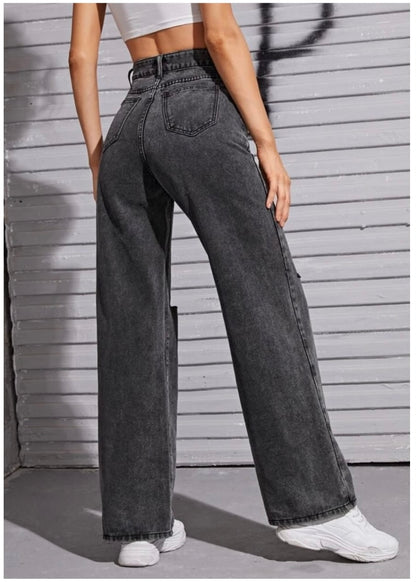 Highwaist Distressed Straight Fit Wide Leg Denim In Charcoal Grey