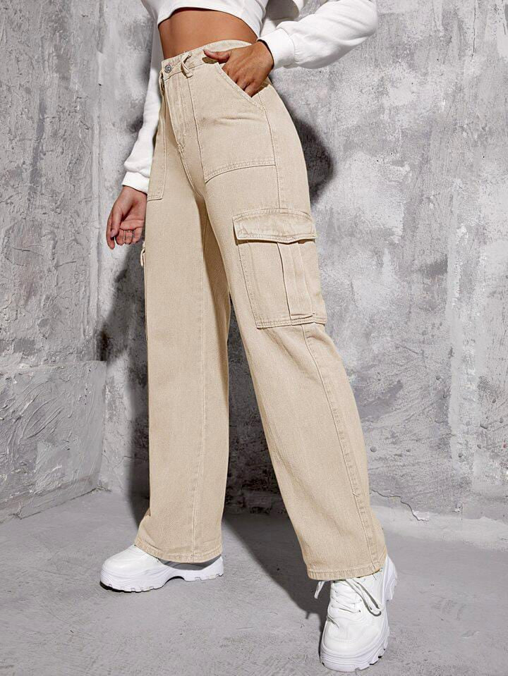 Highwaist Flap Pockets Cargo Style Denim In Beige