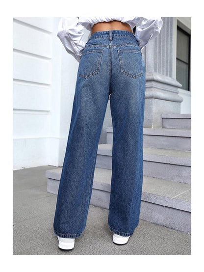Highwaist Whisker Straight Fit Wide Leg Denim In Dark Blue