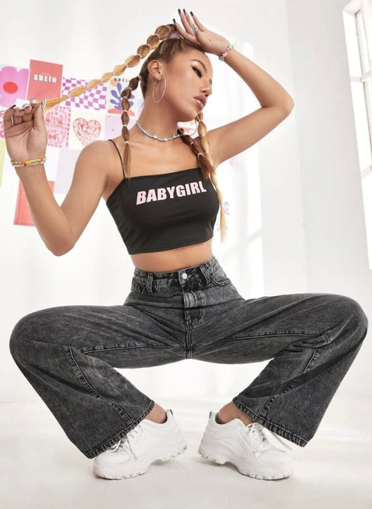 Highwaist Straight Fit Wide Leg Denim In Charcoal Grey