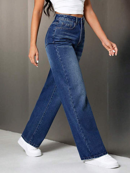 Highwaist Whisker Wash Distressed Hem Baggy Fit Denim - Dark Blue