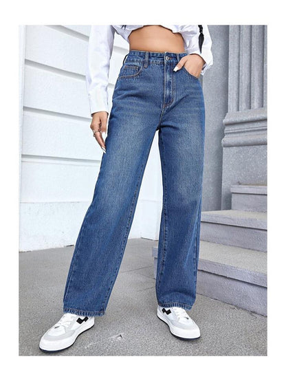 Highwaist Whisker Straight Fit Wide Leg Denim In Dark Blue