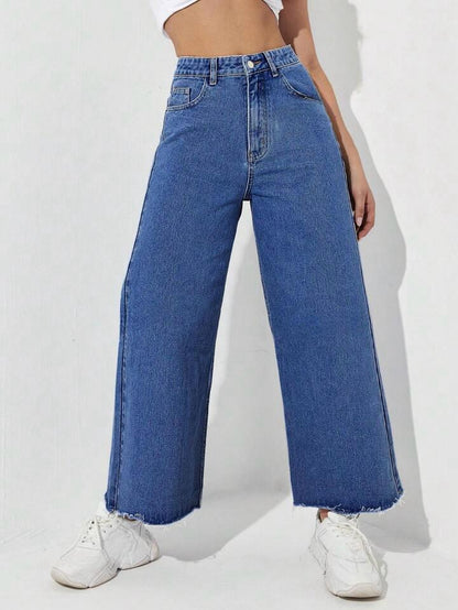 Highwaist Raw Hem Wide Leg Denim In Stone Blue