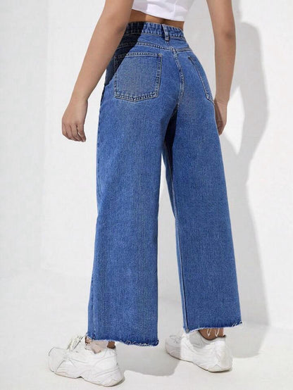 Highwaist Raw Hem Wide Leg Denim In Stone Blue