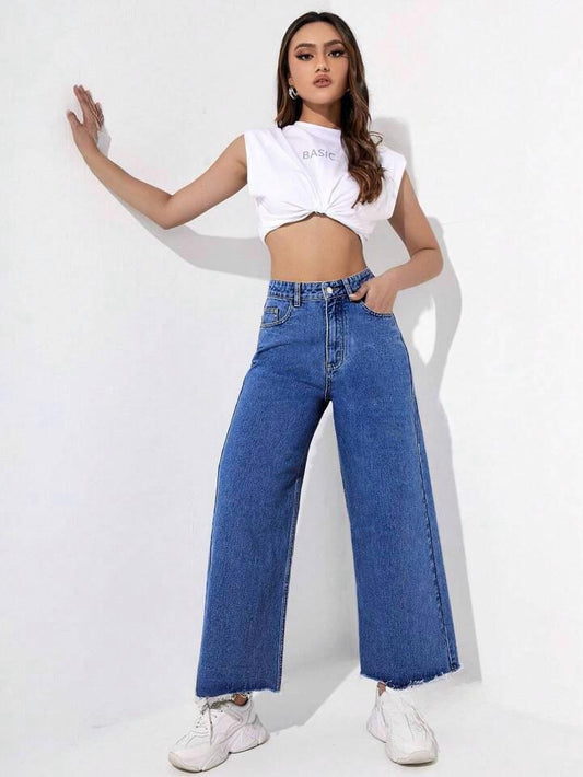 Highwaist Raw Hem Wide Leg Denim In Stone Blue