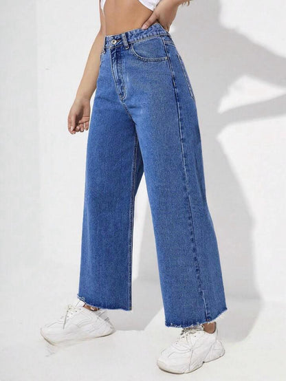 Highwaist Raw Hem Wide Leg Denim In Stone Blue