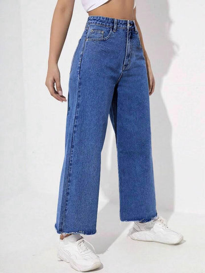 Highwaist Raw Hem Wide Leg Denim In Stone Blue