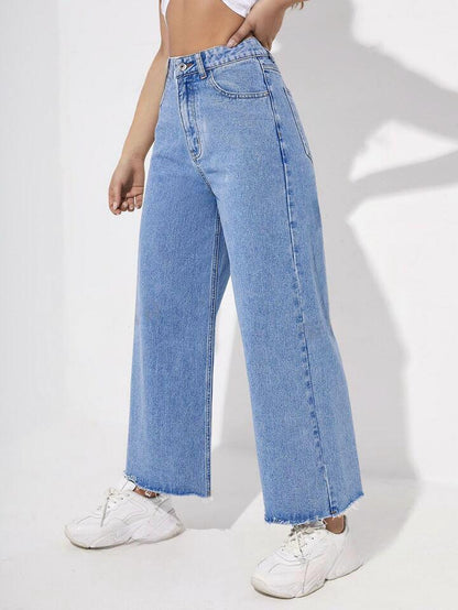 Highwaist Raw Hem Wide Leg Denim In Ice Blue