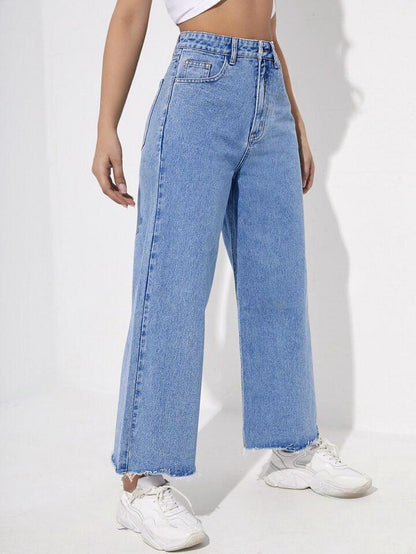 Highwaist Raw Hem Wide Leg Denim In Ice Blue