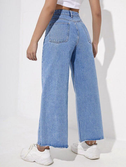 Highwaist Raw Hem Wide Leg Denim In Ice Blue
