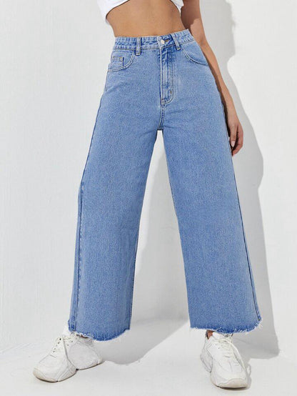 Highwaist Raw Hem Wide Leg Denim In Ice Blue