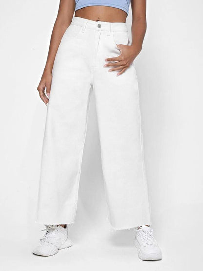 Highwaist Raw Hem Wide Leg Denim In White