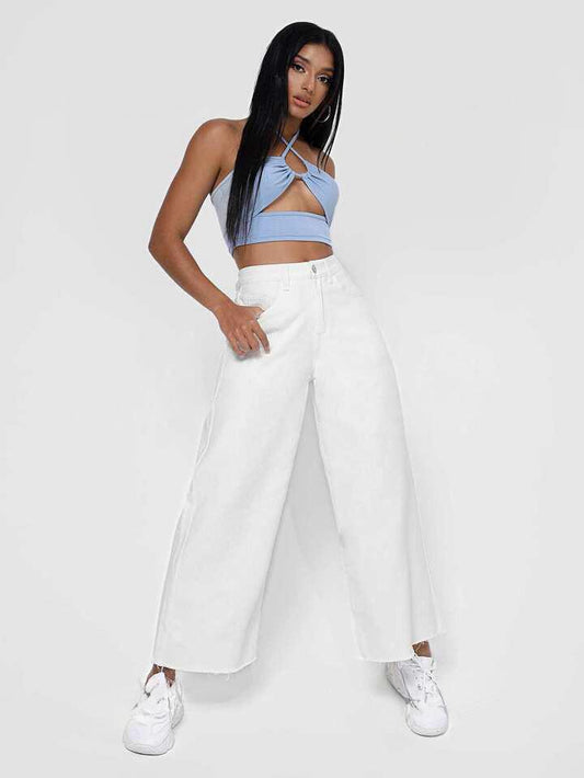 Highwaist Raw Hem Wide Leg Denim In White