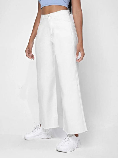Highwaist Raw Hem Wide Leg Denim In White