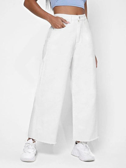 Highwaist Raw Hem Wide Leg Denim In White