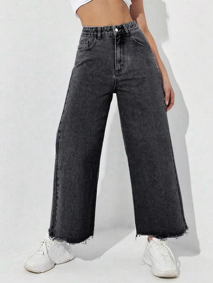 Highwaist Raw Hem Wide Leg Denim In Charcoal Grey