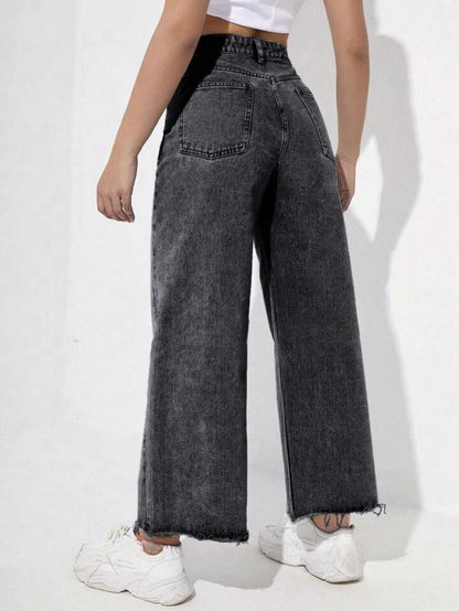 Highwaist Raw Hem Wide Leg Denim In Charcoal Grey