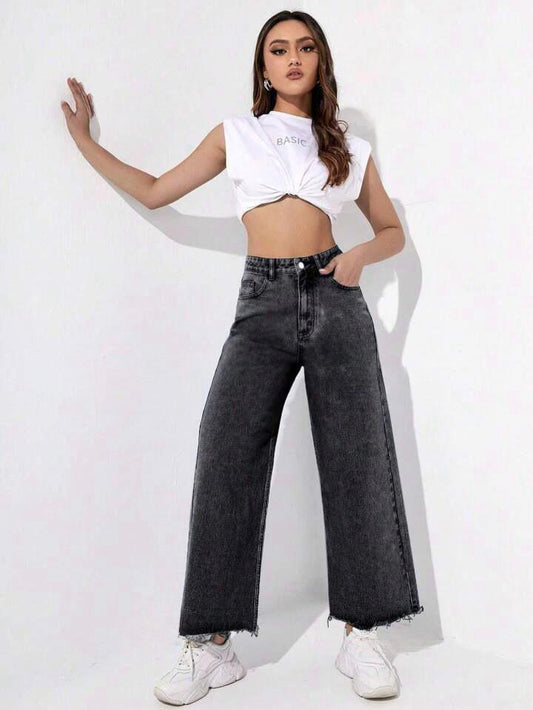 Highwaist Raw Hem Wide Leg Denim In Charcoal Grey