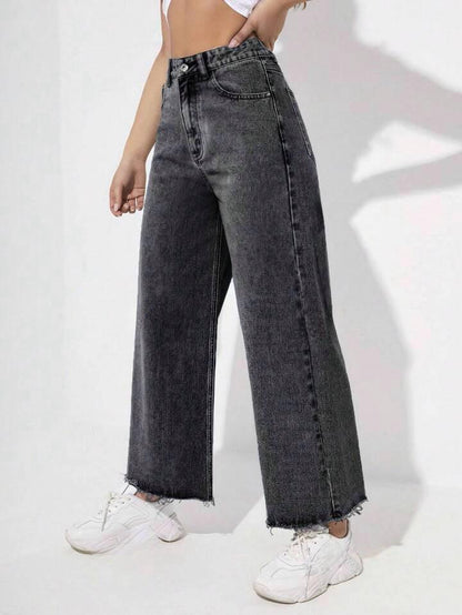 Highwaist Raw Hem Wide Leg Denim In Charcoal Grey