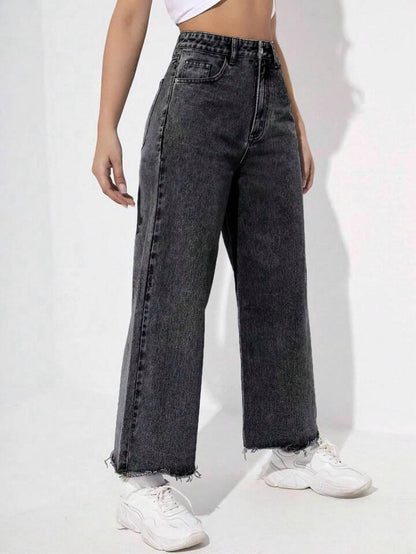 Highwaist Raw Hem Wide Leg Denim In Charcoal Grey